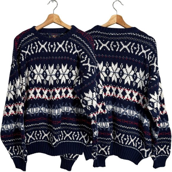 American Portrait Other - Vintage Eclectic Grandpa Fair Isle Snowflake Sweater Pullover Men's Large Blue
